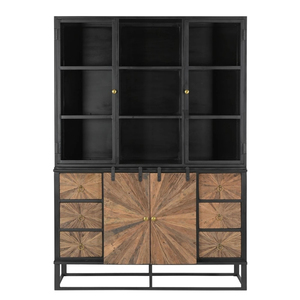 Meuble de rangement moderne en bois avec cadre en acier doux, finition bois naturel et revêtement métallique noir pour la maison - Product Image 1