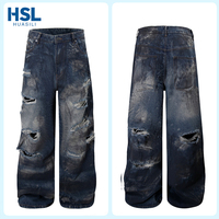Jean en denim déchiré et vieilli pour homme, coupe droite, style vintage, effet éclaboussures d'encre, jambe large, broderie mi-tissée, streetwear tendance