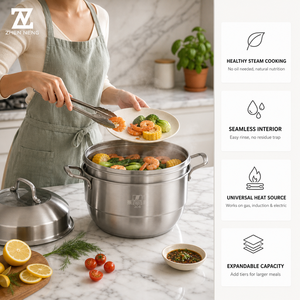 Pentola a vapore a due strati in acciaio inox Zhenneng 304, a 2 livelli, per induzione e piano cottura a gas, per cuocere riso, pesce al vapore, gnocchi - Product Image 1