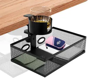 Office Metal Mesh C-Clamp Desk Organizer 360 Rotatable Under Desk Storage Drawers with Cup Holder Organizers and Storage