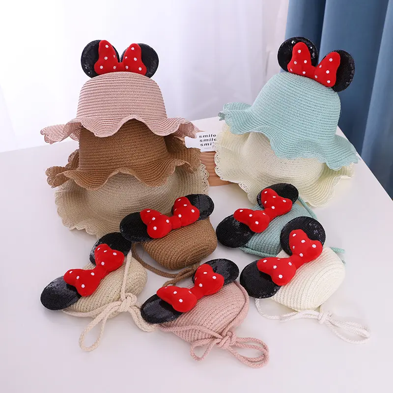 Fashion Summer Sun Kids Cute Ear Beach Hats Mouse Micky Ear Bag and Hat Set Baby Accessories