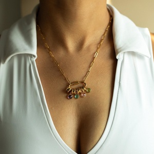 Paperclip Link <b>Chain</b> Necklace Oval Lock Connector <b>Name</b> Bead Rings Birthstone Charm Green Women Christmas Gift Elegant - Product Image 2