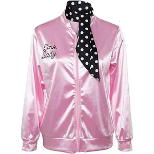 Halloween Cosplay Pink Lady Costume Womens 1950S Chaqueta de satén rosa con bufandas de cuello de lunares