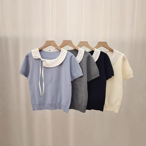 Chemisier en dentelle à manches courtes pour <span class=keywords><strong>femme</strong></span>, style vintage, col rond uni, avec nœud sur le devant, chemise décontractée d'été, haut tissé respirant pour <span class=keywords><strong>femme</strong></span> - Product Image 6