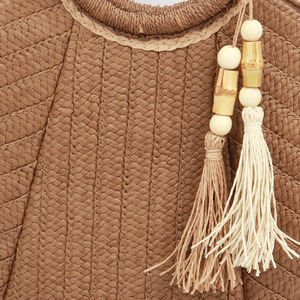 Bolso de playa de paja de papel tejido con forma de bola de masa hervida, bolso informal, borlas de papel, mango redondo de bambú natural - Product Image 3