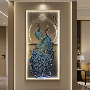 POLA Modern Minimalist Peacock Porch Crystal Porcelain Led Art Painting with Light Living Room Home Background Wall Decor