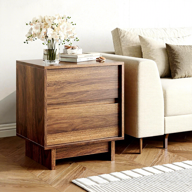Midcentury Modern Walnut Nightstand Wooden Bedside Table with 2 Storage Drawers for Bedroom Living Room