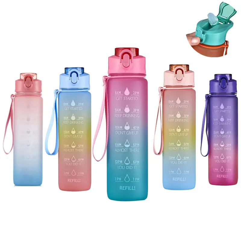 Dropshipping bottiglie d'acqua in Tritan smerigliato arcobaleno multicolore 1 litro bottiglia d'acqua motivazionale da 32 once con promemoria indicatore del tempo