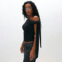 Atasan pendek wanita bergaya vintage, patchwork, asimetris, satu bahu, berdetail paku, ikat depan, tanpa lengan, pakaian klub, seksi, hitam, untuk acara malam hari