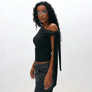 Top de mujer estilo punk oscuro vintage sin cuello con pedrería y tirantes desmontables, ajuste ceñido, estilo streetwear, camiseta de moda de verano de corte alto - Product Image 2