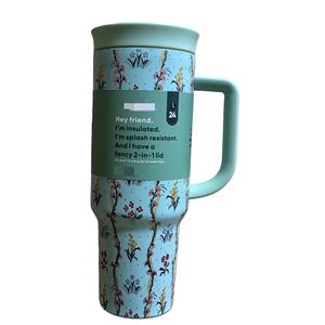 Nouvelle arrivée, bouteille d'eau ovale de luxe à fleurs, sans BPA, 40 oz, gobelets isothermes avec poignée, couvercles et paille, vente en gros pour les voyages en voiture - Product Image 3