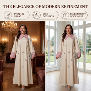 Abaya musulmane pour femmes avec col contrastant, longueur intégrale, ornée de strass, marque privée - Product Image 5