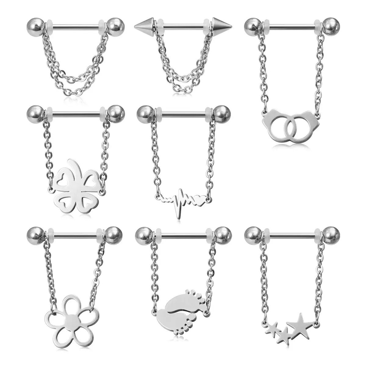 2401 new flower footprints star chain multiple breast ring set stainless steel body piercing nipple clip
