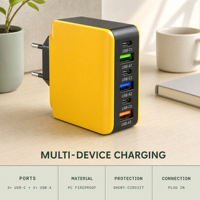 Chargeur de bureau 6 ports couleur jaune, 3 USB C + 3 USB A, station de charge rapide, boîtier ignifuge pour PC, cadeau promotionnel