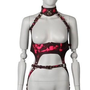 Punk Style Women's Bodysuit <b>Red</b> Knitted Stretch Suspenders Collar <b>Belt</b> Set Harajuku Fashion Clothing - Product Image 4