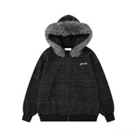 Sweat à capuche unisexe Y2K personnalisé à rayures avec col en fausse fourrure et fermeture éclair - Veste en tricot duveteux style streetwear vintage, coupe ample et audacieuse pour l'extérieur avec poches