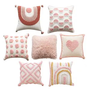 2024 New Trend Pink Love Heart Embroidered Bohemian Home Decor Tufted Cushion Cover with Tassels