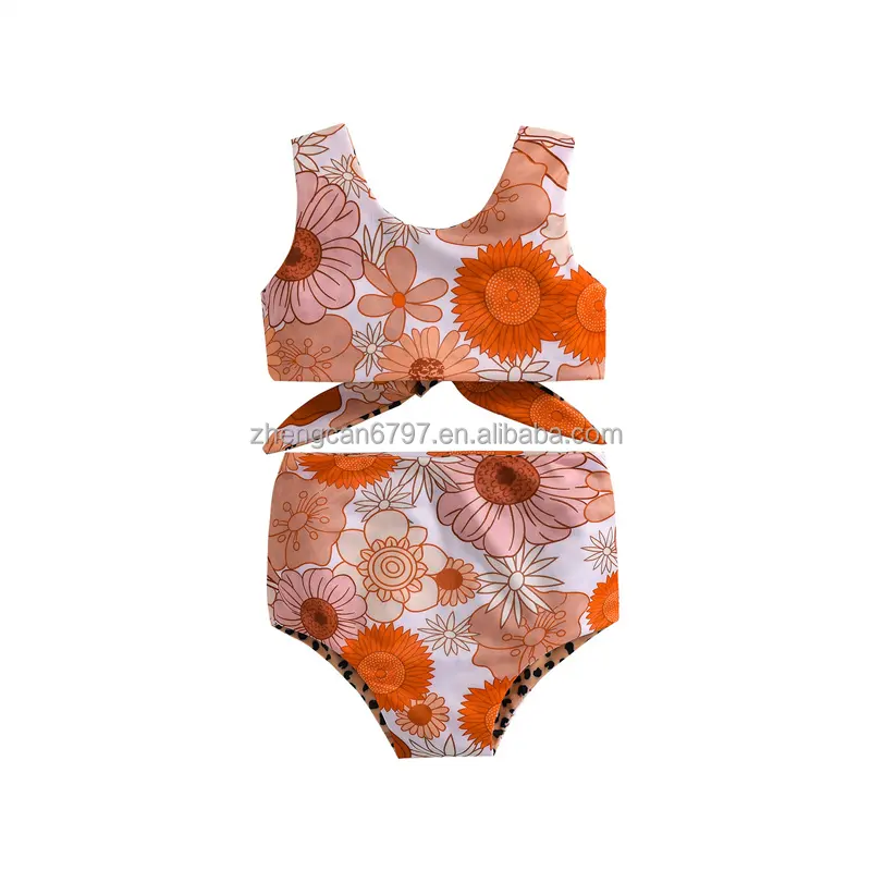 Custom Toddler Bathing Suit Baby Kids One Piece Swimsuit Daisy Leopard Double Printing Sided Girls 2 Piece Swimwear