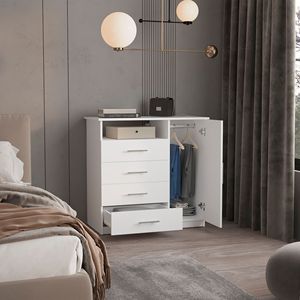 Commode Baylon blanche à 4 tiroirs et 1 étagère, meuble élégant avec solution de rangement pratique - Product Image 4