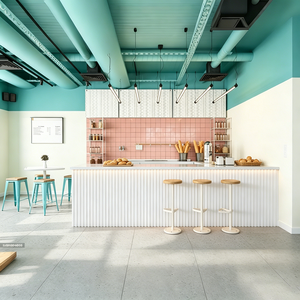 Kafe Bergaya Industrial Cerah Dengan bar Putih Bergelombang, Langit-langit Biru <span class=keywords><strong>Muda</strong></span>, Dan Ubin Dinding Merah <span class=keywords><strong>Muda</strong></span> Yang Manis. - Product Image 1