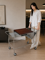 Chariot de service mobile moderne en acier inoxydable à 4 roues, plateau en bois massif, paniers doubles en maille, idéal pour cuisine et salon – Vente directe usine