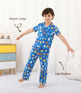 Ensemble de pyjama bleu pour enfants, dessin animé, en stock, liquidation, manches courtes, pantalon long, 100% coton, vêtements de nuit doux, toutes saisons, vêtements décontractés - Product Image 3