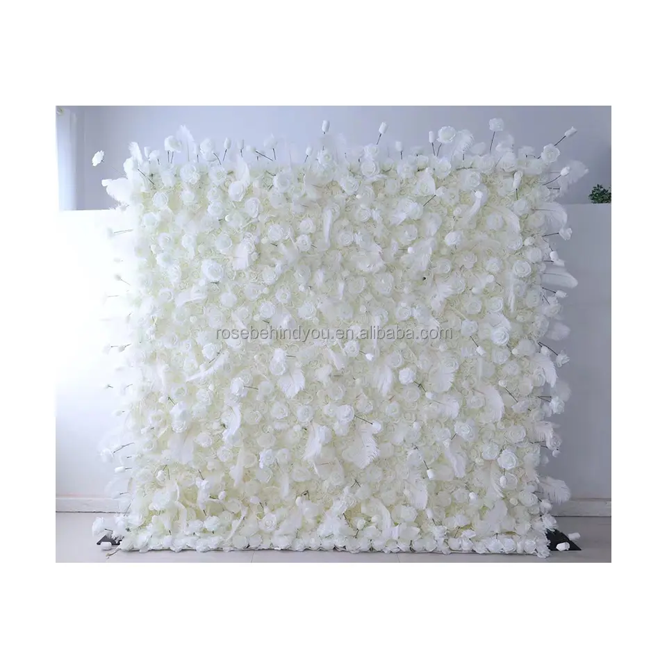 5d Flower background rose wall panel white rose and feather roll up flower wall background per la decorazione di nozze