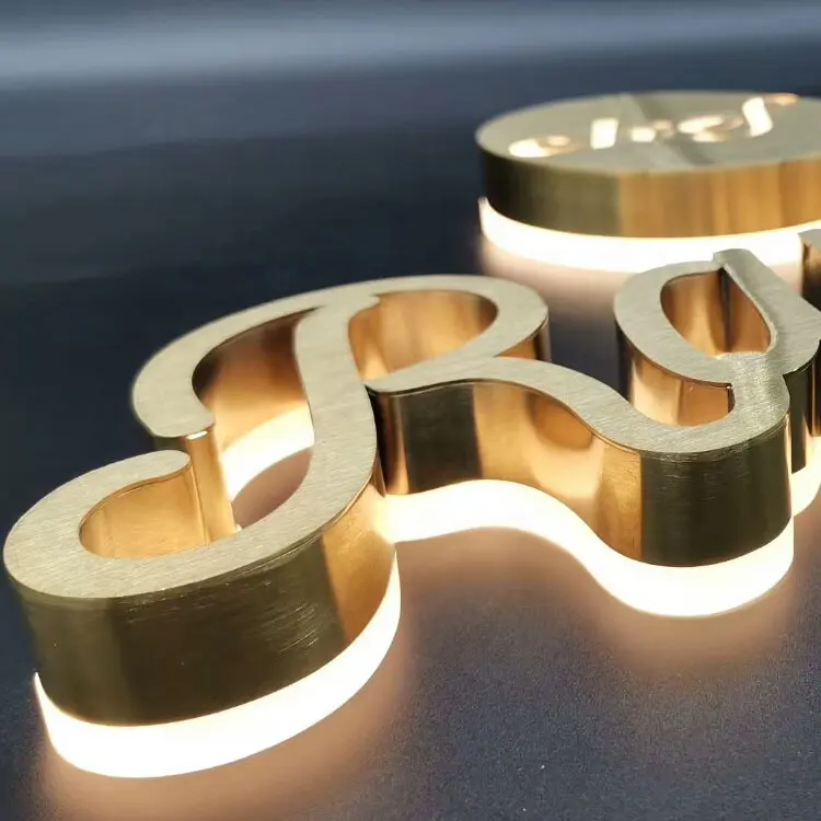 Letras LED acrílicas OEM personalizadas, 3D letras del alfabeto, iluminación de canal iluminada, logotipo de marca de metal dorado, letras de pared para logotipo de empresa