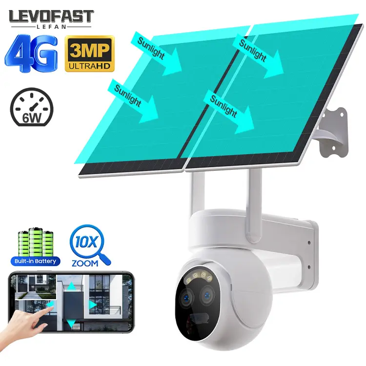 Levofast mới nhất ngoài trời nhà 360 PTZ 3MP Camerawifi 4 gam 10x Zoom Full HD video giám sát hệ thống điện năng lượng Mặt Trời thấp máy ảnh