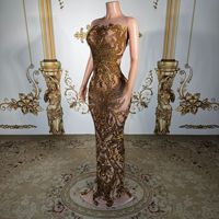 Robe de soirée sirène longue et élégante, dorée, imprimée de strass, amincissante et cintrée à la taille, haut de gamme, pour fêtes