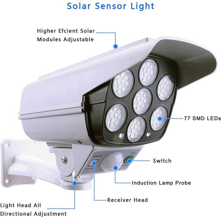 Crépuscule vers le bas Pseudo Caméra 77 Led Solaire Détecteur de Mouvement Sécurité Appliques Murales Extérieures Avec Télécommande