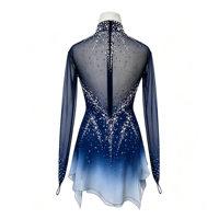 Robe de patinage artistique à col haut et manches longues, dégradé bleu et blanc avec strass, en tissu mesh pour compétition et spectacle sur glace (adultes et enfants)