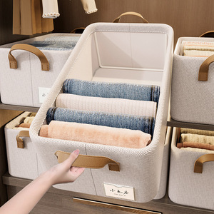 Foldable Washable Bamboo Cotton Storage Basket Rectangle Beige Gray Lidless Stackable For Clothes Pants Storage - Product Image 3