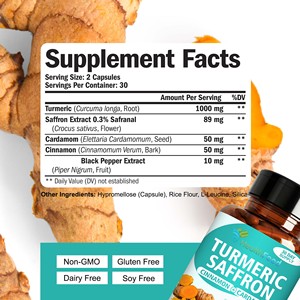 Cápsulas de Cúrcuma y Azafrán Directas de Fábrica con Canela y Cardamomo, Favorecen la Comodidad de las Articulaciones, el Estado de Ánimo y la Concentración, Sin Gluten ni OMG - Product Image 2