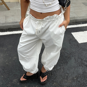 Basic Solid Color Breathable Eco-Friendly Spandex/Polyester Canvas Mid Waist Loose Fit Cuffed Drawstring Knee Length Pants - Product Image 6