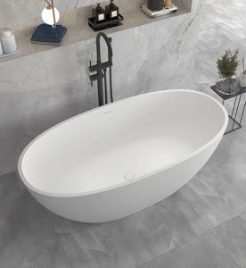 Bañera Moderna y Confortable de Piedra Artificial, Superficie Sólida, Independiente, para Baño Interior, Forma Ovalada, con Desagüe - Product Image 2