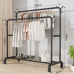 Clothes Rack Double Bar 150cm Standing Clothes Organizer For Bedroom Balcony Drying Rod With Shoe Shelf - Product Image 1