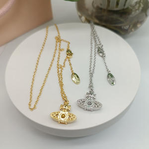 Collar de Saturno de Plata 925 Bañado en Oro con Circonitas para Mujer, Estilo Empress Dowager, Cadena de Clavícula de Eslabones de Moda - Product Image 1