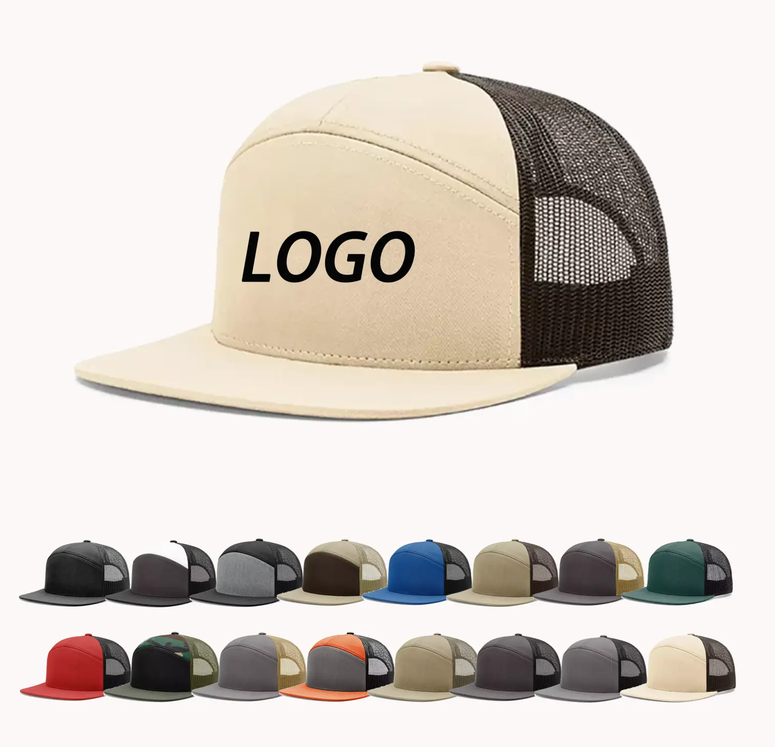 High Quality Custom 7 Panels Plain Flat Brim Sport Snapback Caps Mesh Trucker Hat baseball cap