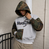 Zweifarbiger Camouflage-Patchwork-Hoodie für Herren Heather-Grau Reißverschluss-Kapuzenjacke mit Strass-Logo Streetwear Lässige Passform Maßgeschneiderte Private Label Jacke