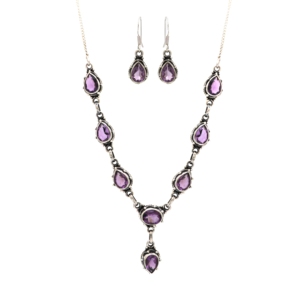 925 Sterling Silver Amethyst Jewelry Set Necklace Earrings Purple Gemstone Pendant Teardrop Stones Bezel Setting Women's Elegant - Product Image 1