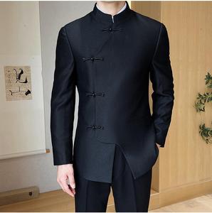 Men's Chinese Style Zhongshan Single Breasted Zipper Fly Flat <strong>Suit</strong> 2-Piece Set for <strong>Wedding</strong> Hosts Plus Size - Product Image 3