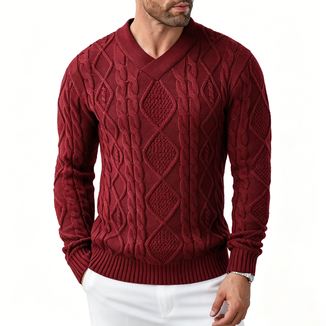 Men's V Neck Diamond Cable Knit Sweater Long Sleeve Textured Knitted Pullover Jumper Autumn Winter Casual Daily Knitwear