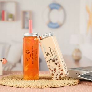 Bottiglia quadrata trasparente in PET da 16oz 500ml con tappo in alluminio per tè al latte e succhi di frutta - Product Image 3