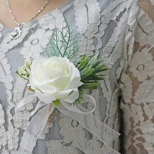 Оптовая продажа, брошь на запястье в виде цветка белой розы, Корсажная брошь на руку, искусственные шелковые цветы невесты на запястье для свадьбы
