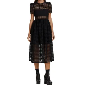 Fashion Women's Solid Black Short Puff Sleeves O-neck With Tie Dress Classic A Line Lace Semi Sheer Casual Midi Dress For Ladies