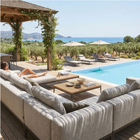 Canapé d'angle moderne de luxe en aluminium teck avec coussin 6 places en forme de L sectionnel pour jardin extérieur
