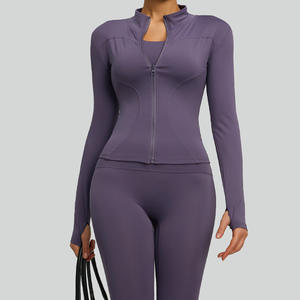 Conjunto de Yoga de 2 Piezas, Leggings de Cintura Alta con Cierre Frontal y Manga Larga, Color Sólido, Sin Costuras, Spandex y Poliéster - Product Image 1