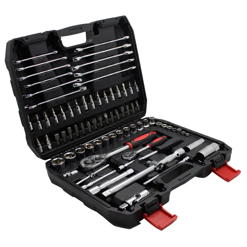 Set kotak Kit alat otomotif, Set peralatan tangan kunci pas dengan soket multifungsi untuk mobil dan perawatan 78 buah