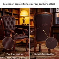 Fauteuil en cuir à dossier haut avec structure en bois de cerisier massif, assise capitonnée marron, chaise traditionnelle pour salon, bureau à domicile